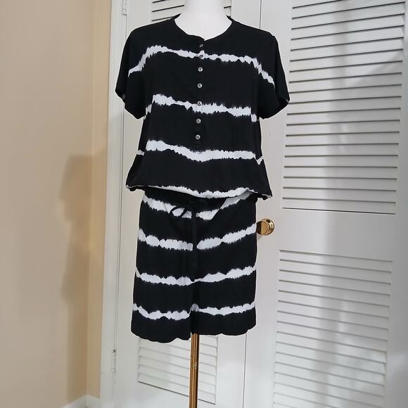 American Living XL black and white striped shorts romper 100% cotton drawstring - Picture 8 of 13